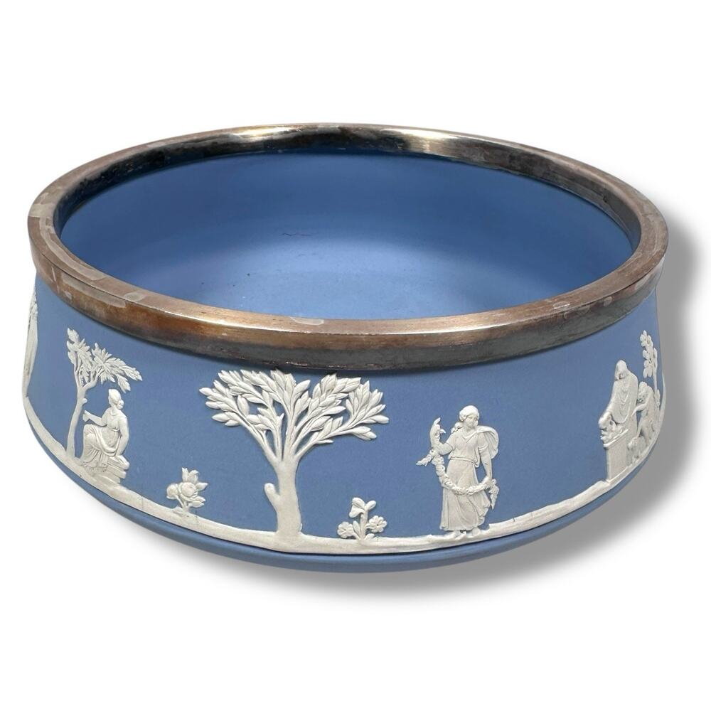 Vintage Wedgwood Jasperware Salad Serving Bowl with Metal Rim 8” Blue White Rare